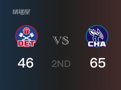 NBA常规赛 ：半场数据， 黄蜂以65-46领先活塞，鲍尔15分6篮板5助攻