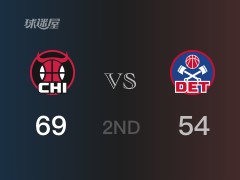 NBA常规赛 ：半场数据， 公牛以69-54领先活塞，拉文17分