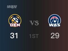 NBA常規(guī)賽 ：首節(jié)數(shù)據(jù)，掘金以31-29領(lǐng)先奇才，約基奇9分3籃板2助攻
