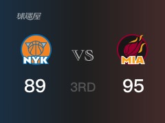 NBA常规赛：三节数据，热火以95-89领先尼克斯，巴特勒27分2篮板8助攻