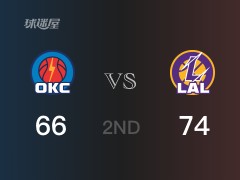 NBA常规赛：半场战罢，湖人以74-66领先雷霆，戴维斯23分7篮板