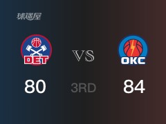 NBA常规赛：雷霆以87-80领先活塞，结束三节