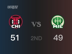 NBA常规赛 ：半场数据， 公牛以51-49领先雄鹿，武切维奇18分5篮板