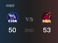 半场比分,热火53-52领先黄蜂,阿德巴约13分
