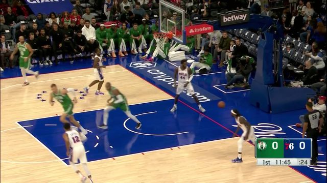 【2023年10月12日 凯尔特人vs76人集锦】火速进入状态！豪瑟眼观六路助攻霍福德上篮命中拿下一血