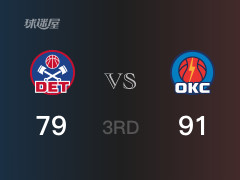 NBA常规赛:三节战罢,雷霆以91- 79领先活塞,亚历山大28分7篮板4助攻