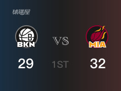 NBA常規(guī)賽：首節(jié)戰(zhàn)罷，熱火以32- 29領(lǐng)先籃網(wǎng)，巴特勒10分4籃板