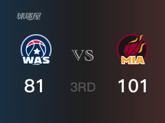 NBA常规赛：热火以103-81领先奇才，结束三节