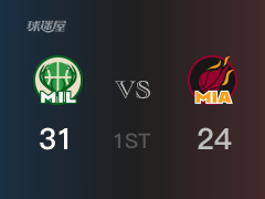 NBA常規(guī)賽：首節(jié)結(jié)束，雄鹿以31-24領(lǐng)先熱火，利拉德8分2籃板4助攻