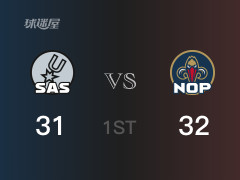 NBA常規(guī)賽 ：首節(jié)數(shù)據(jù)，鵜鶘以32-31領(lǐng)先馬刺，瓦蘭丘納斯10分2籃板