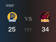 NBA常規(guī)賽 ：首節(jié)數(shù)據(jù)，熱火以34-25領(lǐng)先步行者，鄧羅8分2籃板