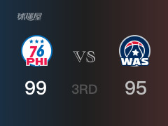 NBA常规赛:三节数据,76人以99-95领先奇才,恩比德39分11篮板5助攻