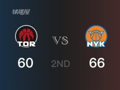 NBA常規(guī)賽：半場結(jié)束，尼克斯以66-60領(lǐng)先猛龍，蘭德爾20分4籃板