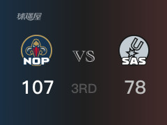 NBA常規(guī)賽：三節(jié)結(jié)束，鵜鶘以107-78領(lǐng)先馬刺，英格拉姆26分3籃板4助攻