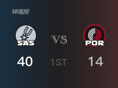 NBA常規(guī)賽 ：首節(jié)數據，馬刺以40-14領先開拓者，索漢10分2籃板