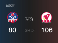 NBA常规赛：三节数据，火箭以106-80领先活塞，申京26分4篮板9助攻