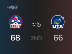 NBA常規(guī)賽：半場結(jié)束，活塞以68-66領(lǐng)先爵士，博格達(dá)諾維奇15分2籃板3助攻