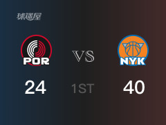 NBA常规赛 ：首节数据，尼克斯以40-24领先开拓者，阿努诺比16分