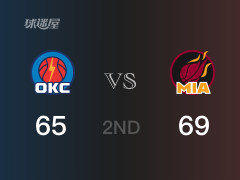 NBA常規(guī)賽 ：半場(chǎng)數(shù)據(jù)， 熱火以69-65領(lǐng)先雷霆，海史密斯13分2籃板2助攻