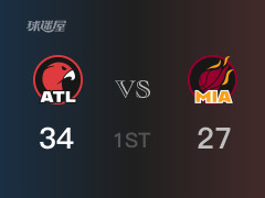 NBA常規(guī)賽：首節(jié)戰(zhàn)罷，老鷹以34- 27領(lǐng)先熱火，D-穆雷9分2籃板3助攻