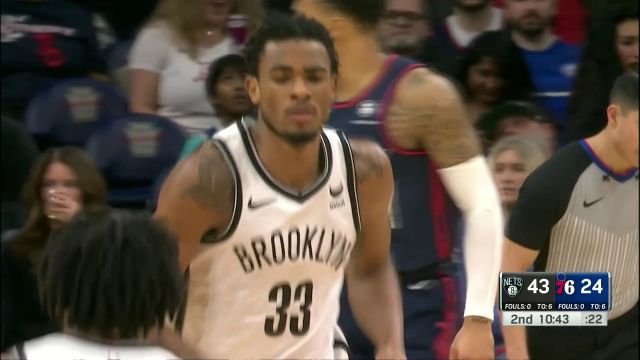 【2024年02月04日 籃網(wǎng)vs76人集錦】籃下一柱擎天！克拉克斯頓籃下一躍而起單手補扣輕取2分