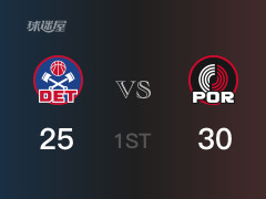 NBA常規(guī)賽：首節(jié)結(jié)束，開拓者以30-25領(lǐng)先活塞，格蘭特11分3籃板