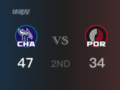NBA常規(guī)賽：半場結(jié)束，黃蜂以47-34領(lǐng)先開拓者，B-米勒11分3籃板