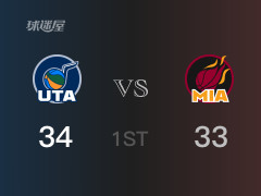 NBA常規(guī)賽 ：首節(jié)數(shù)據(jù)，爵士以34-33領(lǐng)先熱火，基揚(yáng)特-喬治8分