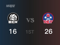NBA常規(guī)賽：首節(jié)戰(zhàn)罷，活塞以26- 16領(lǐng)先籃網(wǎng)，康寧漢姆7分2籃板4助攻