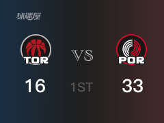 NBA常規(guī)賽 ：首節(jié)數(shù)據(jù)，開拓者以33-16領(lǐng)先猛龍，艾頓8分6籃板