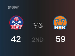 NBA常规赛：半场结束，尼克斯以59-42领先活塞，迪文岑佐21分3篮板