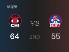 半場(chǎng)比分，公牛64-55領(lǐng)先活塞，武切維奇17分