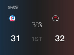  NBA常规赛：首节战罢，猛龙以32- 31领先76人，S-巴恩斯9分2助攻 