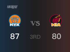 NBA常规赛：三节战罢，尼克斯以89- 80领先热火，唐斯30分8篮板