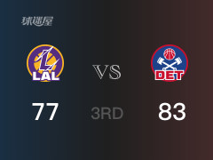  NBA常规赛：三节数据，活塞以83-77领先湖人，哈达威19分 