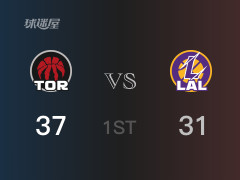  NBA常规赛 ：首节数据，猛龙以39-31领先湖人，巴雷特10分2篮板 