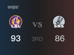  NBA常规赛：三节数据，湖人以93-86领先马刺，戴维斯30分9篮板 