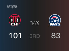  NBA常规赛：三节结束，公牛以101-83领先奇才，怀特21分6篮板 