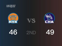  NBA常规赛：黄蜂以49-46领先尼克斯，结束半场 