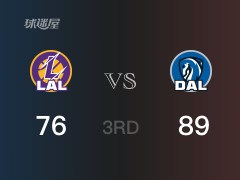  NBA常规赛：三节结束，独行侠以89-76领先湖人，格兰姆斯17分6篮板3助攻 