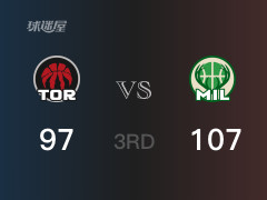 NBA常规赛：三节结束，雄鹿以107-97领先猛龙，字母哥30分9篮板2助攻