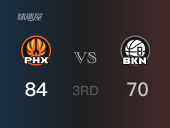 NBA常规赛：三节数据，太阳以84-70领先篮网，杜兰特24分8篮板3助攻