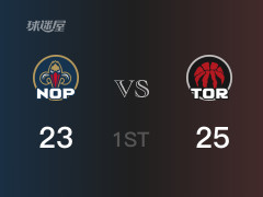 NBA常規(guī)賽 ：首節(jié)數(shù)據(jù)，猛龍以25-23領(lǐng)先鵜鶘，珀?duì)柼貭?分2籃板