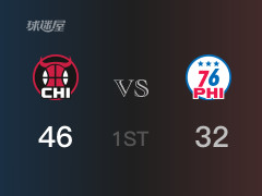 NBA常规赛 ：首节数据，公牛以46-32领先76人，许尔特11分2助攻