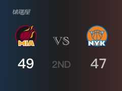 NBA常规赛 ：半场数据， 热火以49-47领先尼克斯，希罗16分2篮板