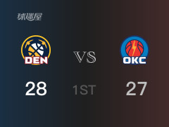  NBA季后赛：首节战罢，掘金以28- 27领先雷霆，约基奇9分5篮板2助攻 