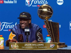  NBA总决赛雷霆总冠军 赛后雷霆球员杰伦威廉姆斯说：到中国家人们我来啦。 