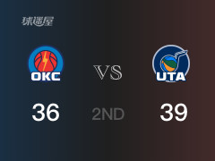  NBA常规赛：半场战罢，爵士以39-36领先雷霆，菲利波夫斯基12分10篮板 