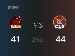  NBA常规赛 ：半场数据， 骑士以44-41领先热火，J-泰森9分2篮板2助攻 