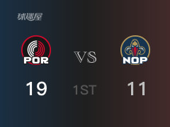 NBA常规赛：首节结束，开拓者以19-11领先鹈鹕，卡顿8分3篮板